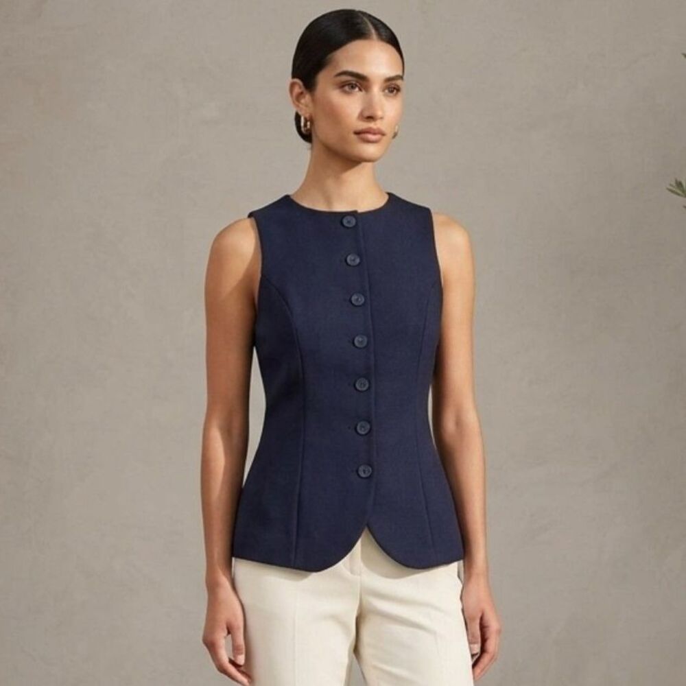 RNWY Womens Medium Black Button Front Sleeveless Vest Top Contemporary Fashion M